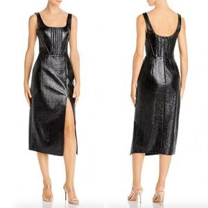 NWT David Koma black faux pebbled patent leather corset sheath slit midi dress